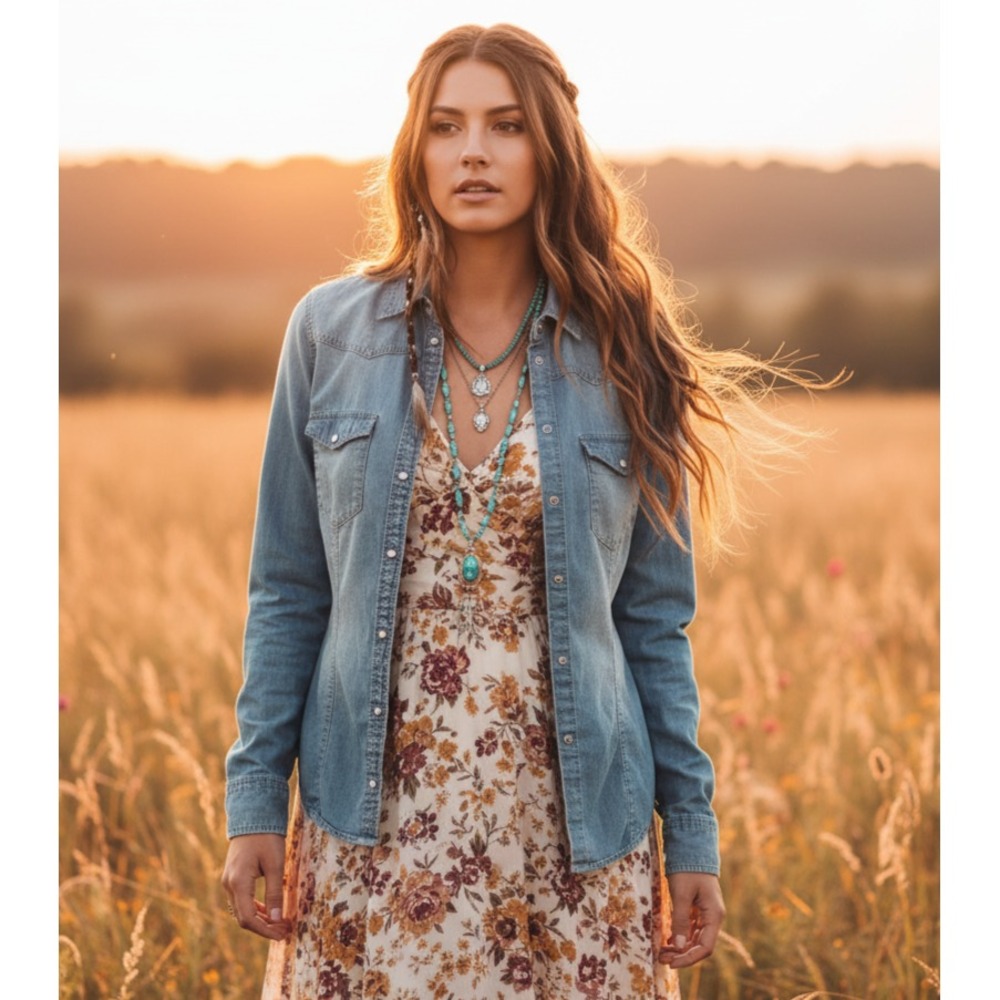 Two Vince Camuto S Denim Shirt Top Blue Pearl Snap Western Coastal Grunge Grunge